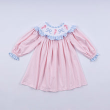 Load image into Gallery viewer, Pink candy cane bow hand smocked ruffle dress
