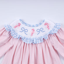 Load image into Gallery viewer, Pink candy cane bow hand smocked ruffle dress