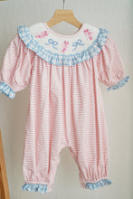 Load image into Gallery viewer, Pink candy cane bow hand smocked ruffle romper