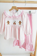 Load image into Gallery viewer, Pink gingerbread hand smocked gingham ruffle pants set