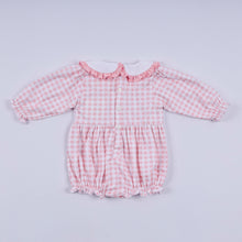 Load image into Gallery viewer, Pink gingerbread hand smocked gingham ruffle bubble