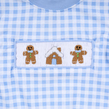 Load image into Gallery viewer, Blue gingerbread hand smocked gingham romper