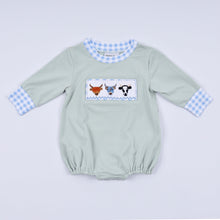 Load image into Gallery viewer, Sage cow hand smocked bubble