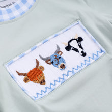 Load image into Gallery viewer, Sage cow hand smocked bubble