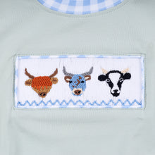 Load image into Gallery viewer, Sage cow hand smocked bubble