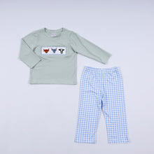 Load image into Gallery viewer, Sage cow hand smocked gingham pants set