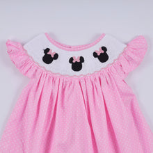 Load image into Gallery viewer, Pink character hand smocked dot ruffle dress