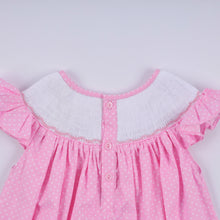 Load image into Gallery viewer, Pink character hand smocked dot ruffle dress