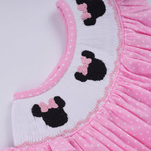 Load image into Gallery viewer, Pink character hand smocked dot ruffle bubble
