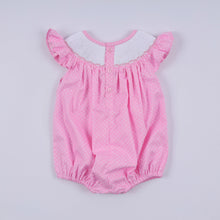Load image into Gallery viewer, Pink character hand smocked dot ruffle bubble