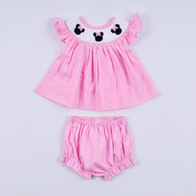 Load image into Gallery viewer, Pink character hand smocked dot ruffle bloomer set