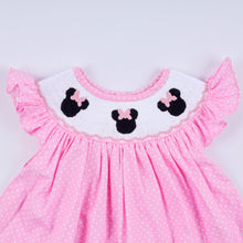 Load image into Gallery viewer, Pink character hand smocked dot ruffle bloomer set