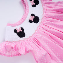Load image into Gallery viewer, Pink character hand smocked dot ruffle bloomer set