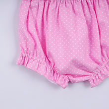 Load image into Gallery viewer, Pink character hand smocked dot ruffle bloomer set