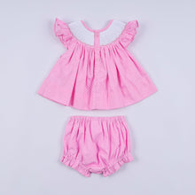 Load image into Gallery viewer, Pink character hand smocked dot ruffle bloomer set