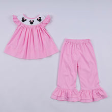 Load image into Gallery viewer, Pink character hand smocked dot ruffle pants set