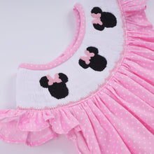 Load image into Gallery viewer, Pink character hand smocked dot ruffle pants set