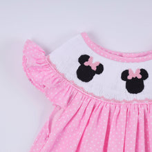 Load image into Gallery viewer, Pink character hand smocked dot ruffle pants set