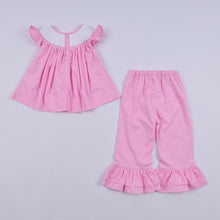 Load image into Gallery viewer, Pink character hand smocked dot ruffle pants set