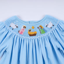 Load image into Gallery viewer, Blue nativity hand smocked dress