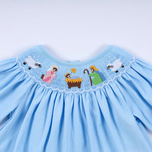Load image into Gallery viewer, Blue nativity hand smocked bloomer set