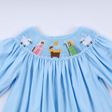 Load image into Gallery viewer, Blue nativity hand smocked ruffle pants set