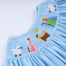 Load image into Gallery viewer, Blue nativity hand smocked ruffle pants set