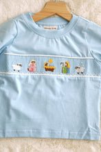 Load image into Gallery viewer, Blue nativity hand smocked pants set
