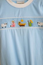 Load image into Gallery viewer, Blue nativity hand smocked romper