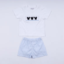 Load image into Gallery viewer, Blue character hand smocked gingham shorts set