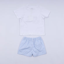 Load image into Gallery viewer, Blue character hand smocked gingham shorts set