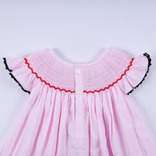 Load image into Gallery viewer, Red character hand smocked plaid ruffle dress