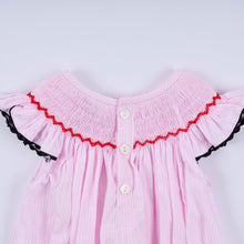 Load image into Gallery viewer, Red character hand smocked plaid ruffle bubble