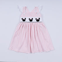 Load image into Gallery viewer, Pink character hand smocked gingham ruffle dress