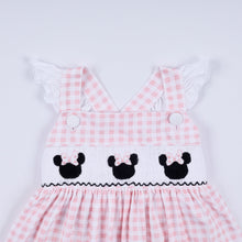Load image into Gallery viewer, Pink character hand smocked gingham ruffle dress