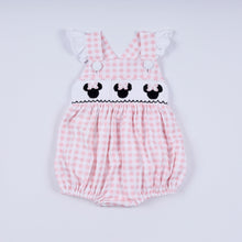 Load image into Gallery viewer, Pink character hand smocked gingham ruffle bubble
