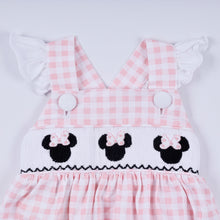 Load image into Gallery viewer, Pink character hand smocked gingham ruffle bubble
