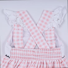 Load image into Gallery viewer, Pink character hand smocked gingham ruffle bubble