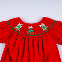 Load image into Gallery viewer, Red christmas tree hand smocked romper