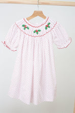 Load image into Gallery viewer, Pink christmas bishop hand smocked dot dress