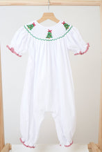 Load image into Gallery viewer, White chrismtas tree hand smocked girl romper