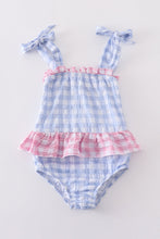 Load image into Gallery viewer, Blue seersucker gingham one-piece girl swimsuit