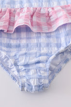 Load image into Gallery viewer, Blue seersucker gingham one-piece girl swimsuit