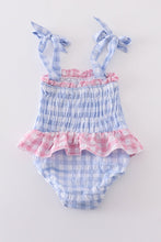 Load image into Gallery viewer, Blue seersucker gingham one-piece girl swimsuit