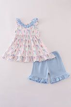 Load image into Gallery viewer, Blue floral bow ruffle shorts set