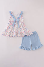 Load image into Gallery viewer, Blue floral bow ruffle shorts set