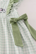 Load image into Gallery viewer, Green farm cow embroidery gingham ruffle dress