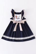 Load image into Gallery viewer, Navy he is risen embroidery girl dress