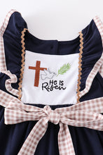 Load image into Gallery viewer, Navy he is risen embroidery girl dress