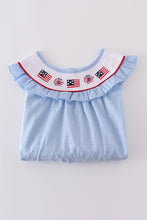 Load image into Gallery viewer, Blue swiss dot flag embroidery dress